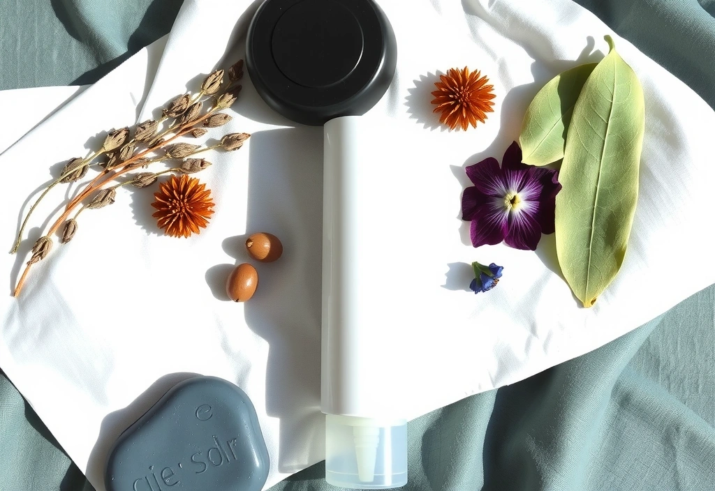 Natural botanical ingredients arranged aesthetically showing various plant-based wellness elements