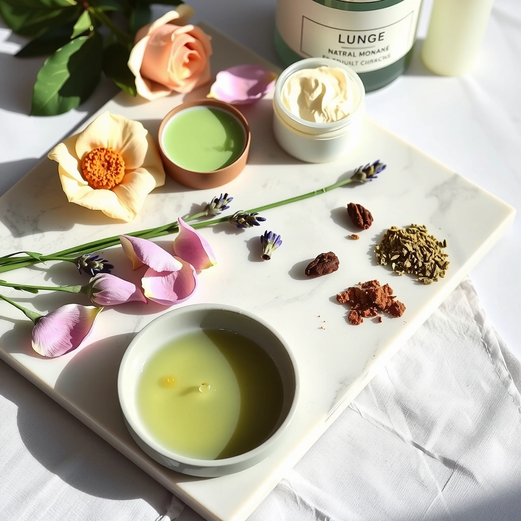 Natural botanical skincare ingredients on marble surface